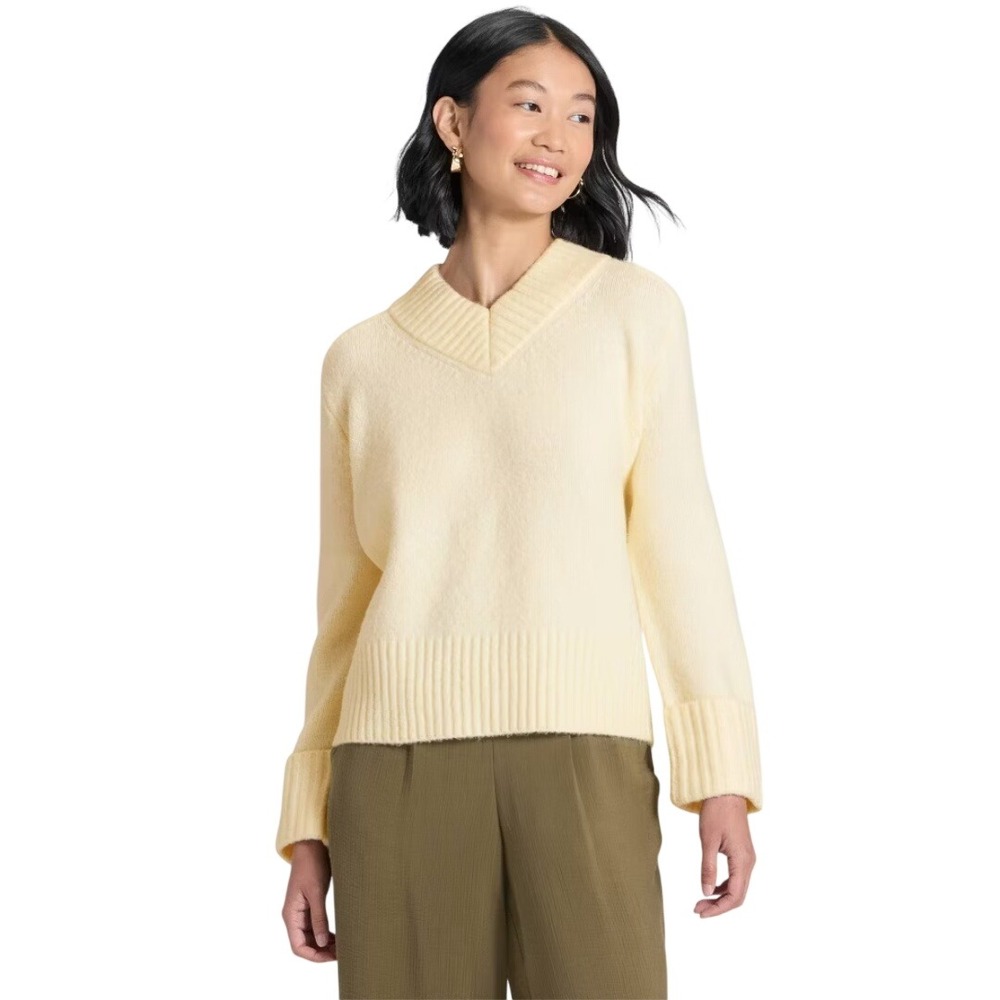 A New Day Women's Cream V-Neck Ribbed Knit Pullover Sweater Size Large